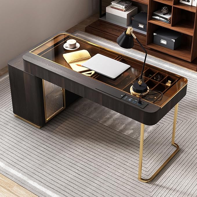 Lartis Office Desk, Very Easy to Assemble, Computer Desk, Home Telescopic Writing Desk, Modern Computer Desk with Retractable Cabinet Built-in LED Lights (Black Brown, 53 in)