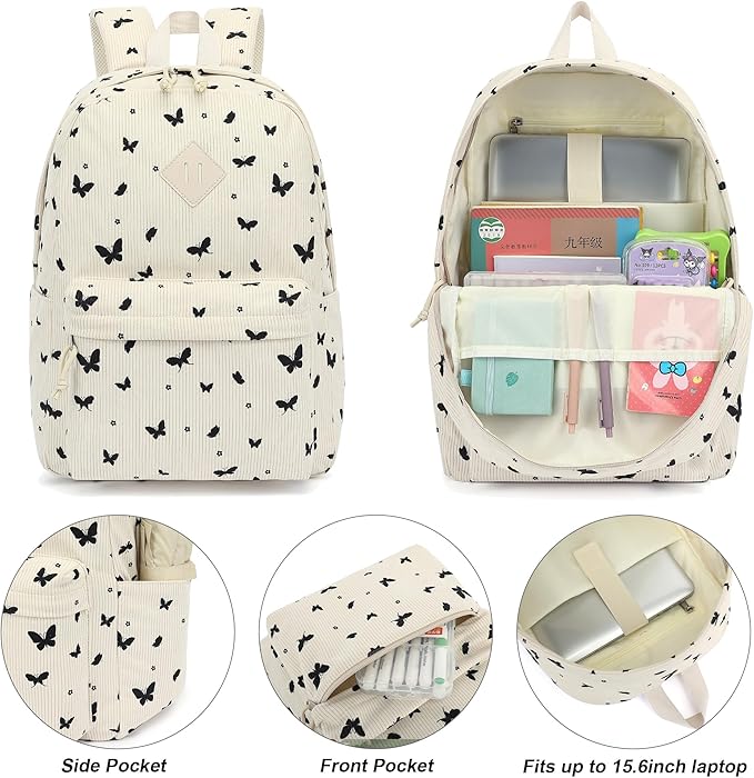 Corduroy Girls Backpack Set, 3PCS School Backpacks for Kids Elementary Middle School Bags with Lunch Box Pencil Case (Beige Corduroy Butterfly)