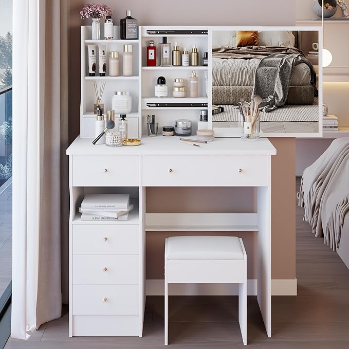 37" Vanity Desk with Mirror, Makeup Table with Sliding Mirror, Dressing Table with Multi Layer High Capacity Storage, Vanity Set with 6 Drawers and Stool for Bedroom, White