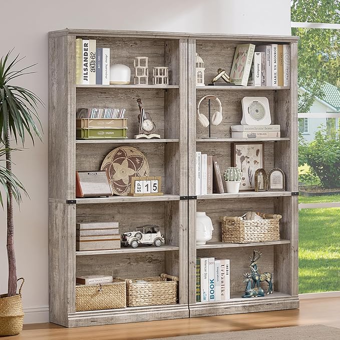 70" Grey Tall Bookshelf Set of 4,5-Tier Thick Wooden Book Shelf with Adjustable Shelves,Free Standing Farmhouse Bookcase with Open Display Storage,Floor Vintage Bookshelves for Living Room