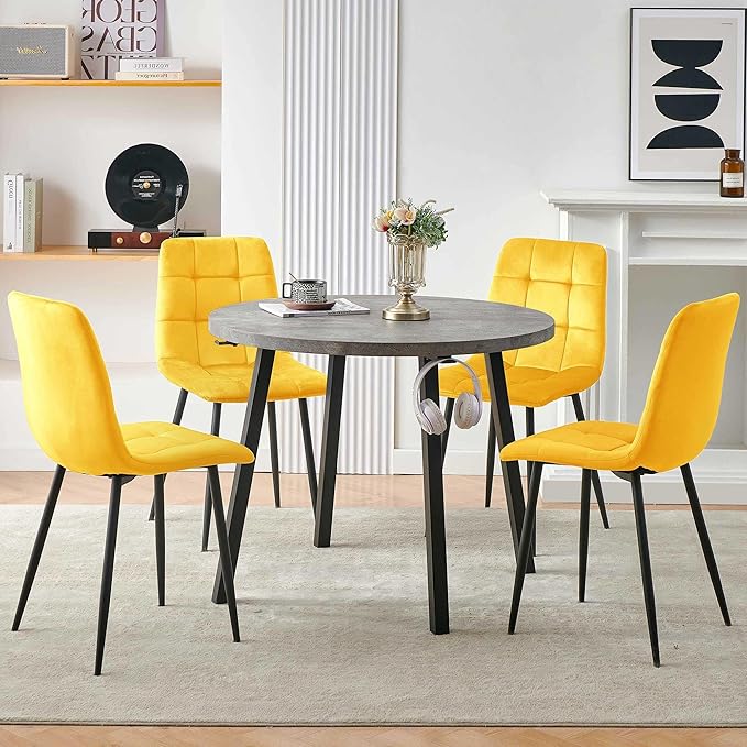 Modern 4-Person Round Dining Table Set, Space-Saving for Kitchen, Living Room, Apartment, Includes Dining Table & 4 Yellow Chairs,Small Dining Room Set for 4