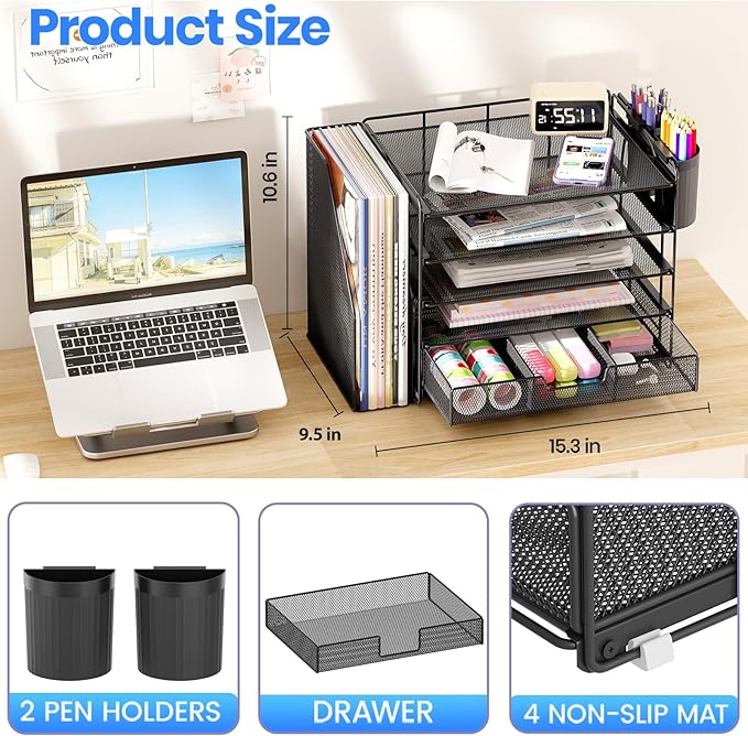 Desk Organizers and Accessories with File Holder, 5-Tier Office Desk Accessories & Workspace Desktop Organizer with Drawer and 2 Pen Holder, File Paper Organizer for Office Supplies(Black)