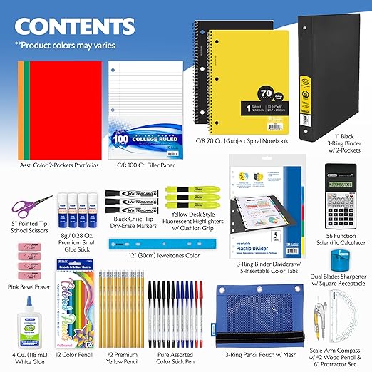 BAZIC PRODUCTS Middle & High School Kit Supply Box, 65-Count Student Set for Grades 7–12, Complete School Supply Kit with Middle School Supplies, Organized Supply Box for Highschool, 1-Pack