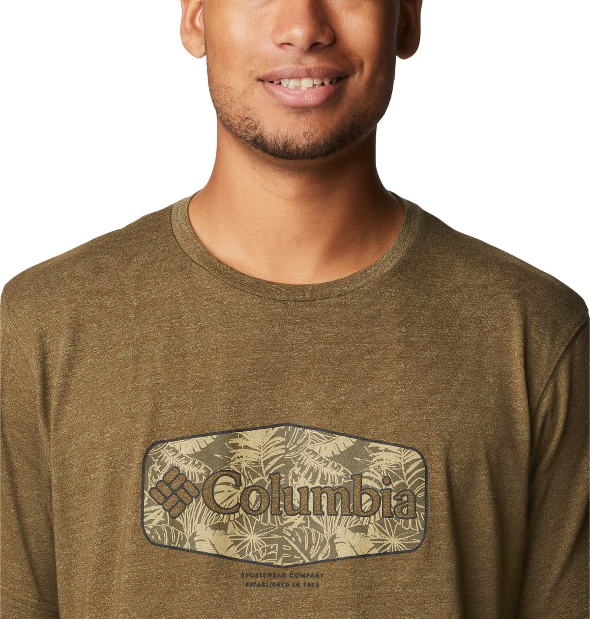 Columbia Men's Thistletown Hills Graphic Short Sleeve, Olive Green Heather/Wanderland Graphic, 5X Big