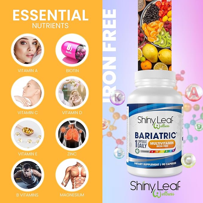 Shiny Leaf Bariatric Multivitamin Without Iron - Vitamins for Gastric Bypass & Sleeve, 1 Daily Capsule W Vitamin A, C, D, Biotin, Zinc, B12, K, Vegetarian, Soy-Free, GMP Cert., Made in USA (60 Ct.)