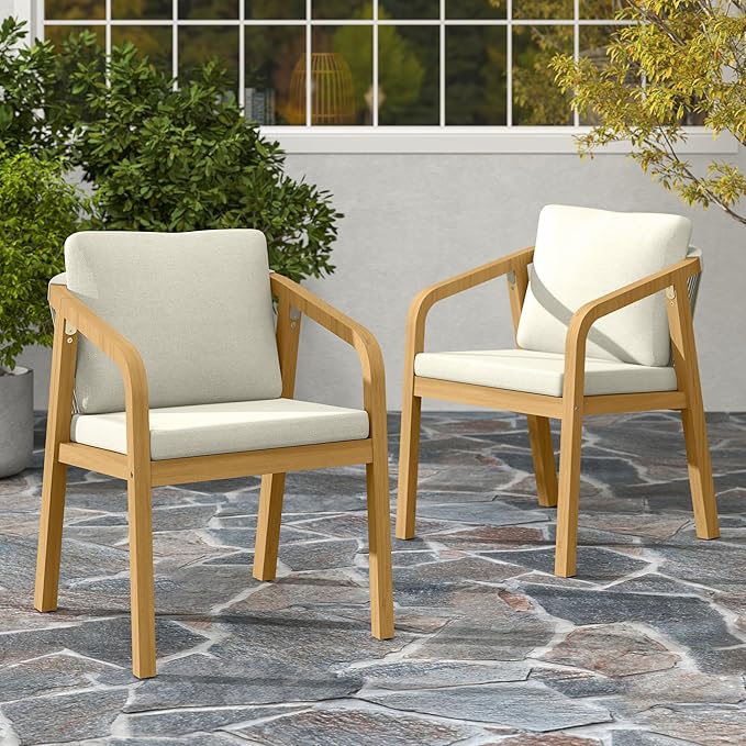 Acacia Patio Dining Chairs Set of 2, Outdoor Wood Dining Chairs with Thick Cushions, Modern Patio Chairs with Woven Rope Backrest for Porch, Backyard, Garden, Indoor, Beige