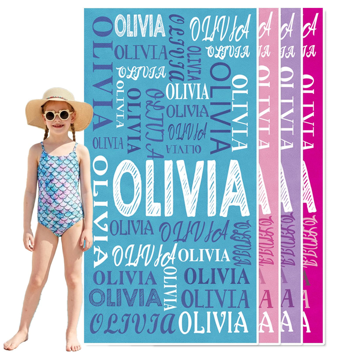 Jecivila Personalized Beach Towel with Name, Custom Microfiber Beach Towels for Kids & Adults, Sand Free Quick Dry Oversized Bath Towel for Pool Swim Travel Camping Summer Vacation Birthday Gift