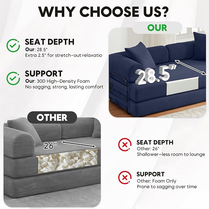 Convertible Sleeper Sofa Bed with Cylindrical Pillow, Corduroy Folding Boneless Couch with Fixed-Shape Frame, Floor Sofa Lounge Couch for Living Room Bedroom Lounge Studio-Blue