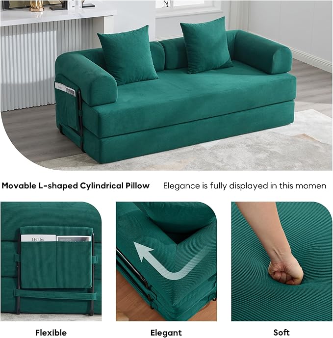 Convertible Sleeper Sofa Bed, Folding Floor Sofa Bed with Fixed-Shape Frame, Corduroy Floor Sleeper Sofa with Storage Pocket, Futon Boneless Sofa Couch for Living Room, Emerald Green