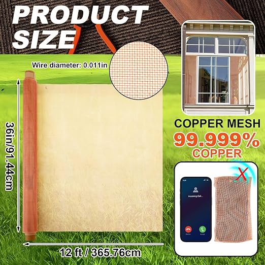 Zonon 99.9% Pure Copper Mesh Screen 36 Inch x 12 ft 16x16 Mesh Copper Roll Wire