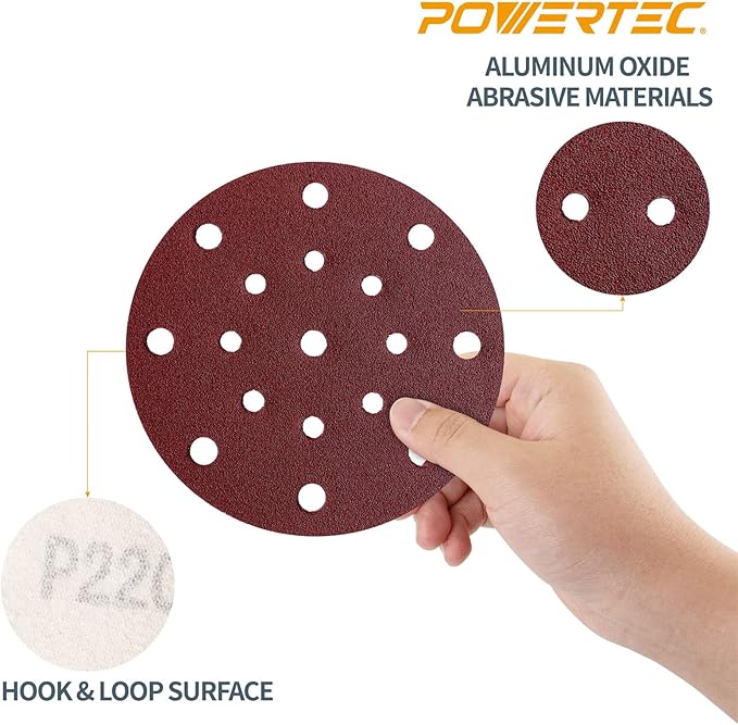 POWERTEC 45824, 6" x17 Holes, 240 Grit, A/O Hook and Loop Disc for Festool RO150 / ETS 150 Sander, Red, 50PK