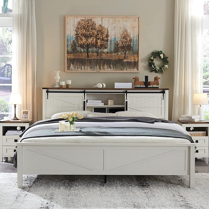 RedLemon Farmhouse Full Size Bed Frame with Bookcase Headboard, Sliding Barn Door, Storage Cabinet, Charging Station, Wood Slats Support, No Box Spring Needed, Antique White