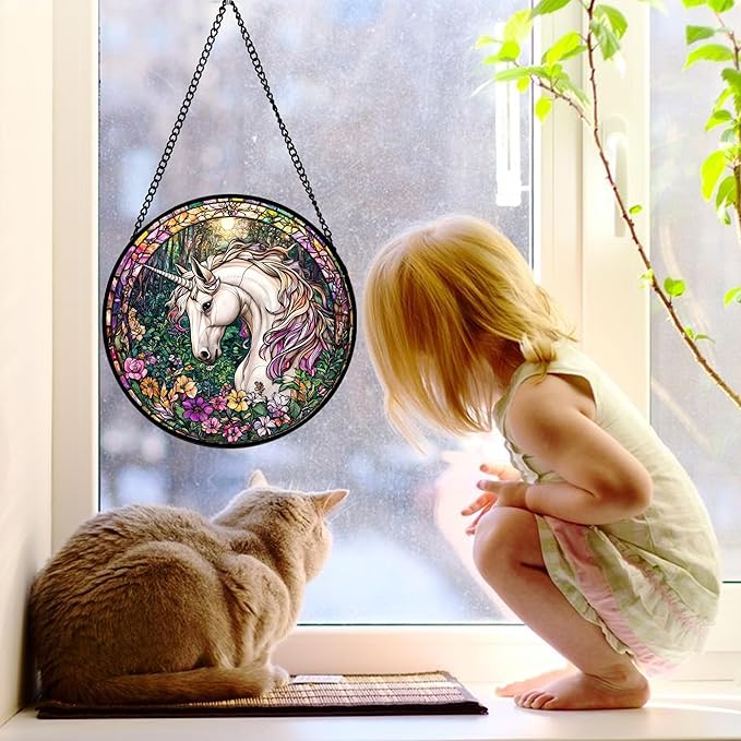Stained Glass Window Hanging, Unicorn Flowers Suncatcher for Doors Home Sun Catchers Decoration and Christmas, Mother's Day Birthday Gifts for Women, Men, and Mom 7.8 in