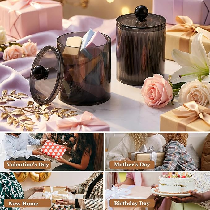 SheeChung 2-Pack Qtip Holder,Clear Black Acrylic Apothecary Jar,Bathroom Jars with Lids - Shatterproof Qtip Holder Dispenser for Bathroom Vanity - 10oz Small Cotton Ball & Swab Storage Canisters