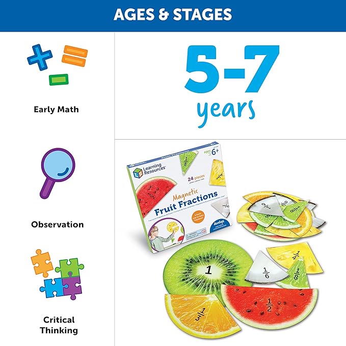 Learning Resources Magnetic Fruit Fractions - Math Manipulatives, Addition and Subtraction, Math Games, Fractions for Kids, Montessori Games, Classroom Must Haves, Teacher Supplies