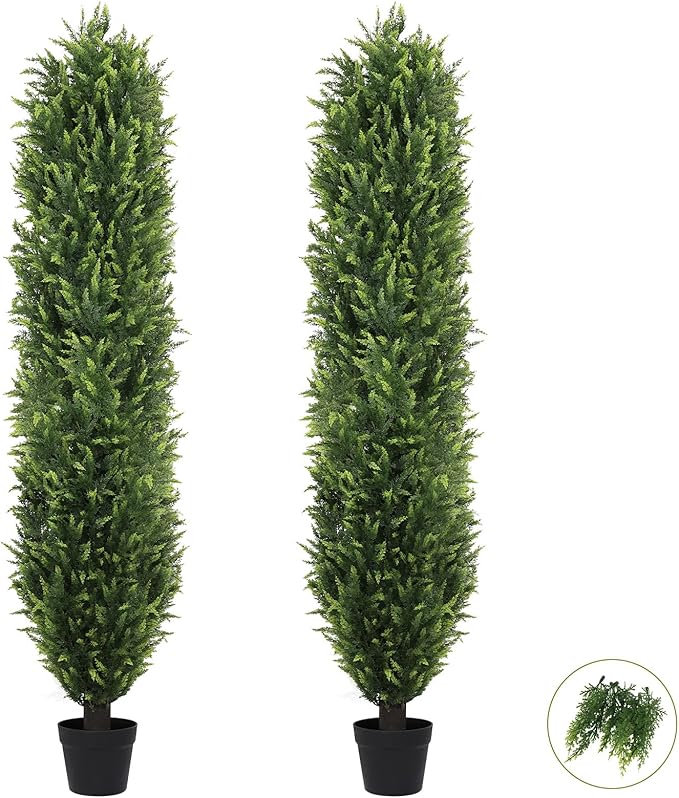 THE BLOOM TIMES 6FT Tall Artificial Cedar Topiary Trees Set of 2, UV Resistant Large Faux Cypress Evergreen Plants for Outdoor Planters, Realistic Fake Bushes & Shrubs for Front Porch Christmas Decor