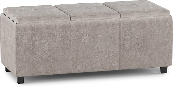 SIMPLIHOME Avalon Storage Ottoman - 42 inch Wide Upholstered Vegan Leather Rectangular Flip-Top Ottoman in Distressed Grey Taupe, Contemporary Coffee Table Ottoman for Living Room with Hidden Storage