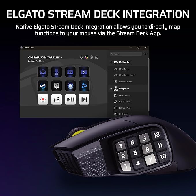 Corsair Scimitar Elite Wireless SE MMO PC Gaming Mouse – 33,000 DPI, 16 Programmable Buttons, Key Slider, Elgato Virtual Stream Deck, 1,000Hz Polling, Up to 150-Hour Battery – Gunmetal