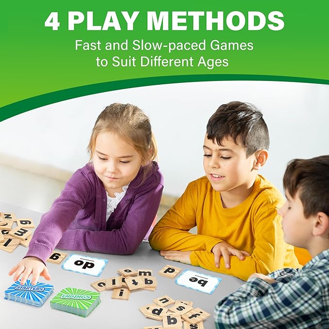 BenBen Family Spelling Games with 112 Flash Cards & Wooden Letter Tiles, CVC Sight Word Building Phonics Game for Kids Ages 4+ & Adults, 1–4 Players, Learning Toys for Home or Classroom