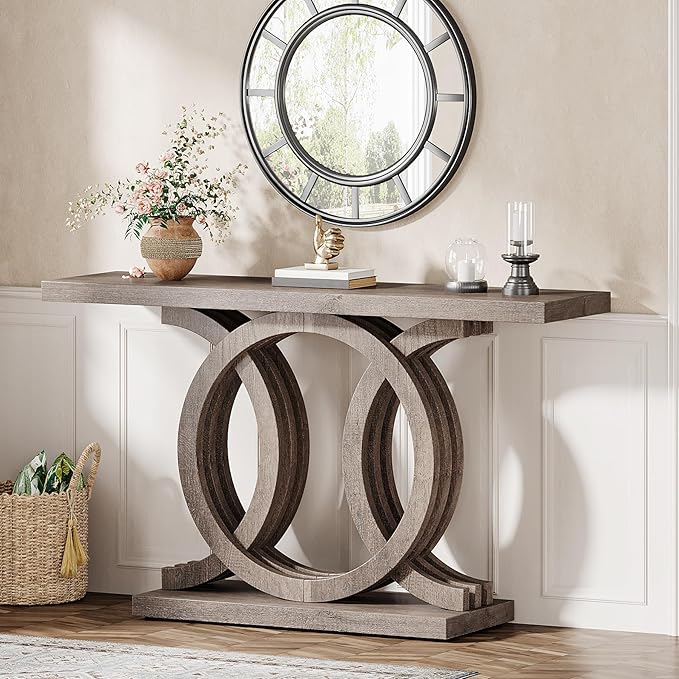 Tribesigns 55-Inch Console Table with Geometric Wood Base, Modern Entryway Table with Thick Tabletop for Living Room, Hallway, Foyer, Brown