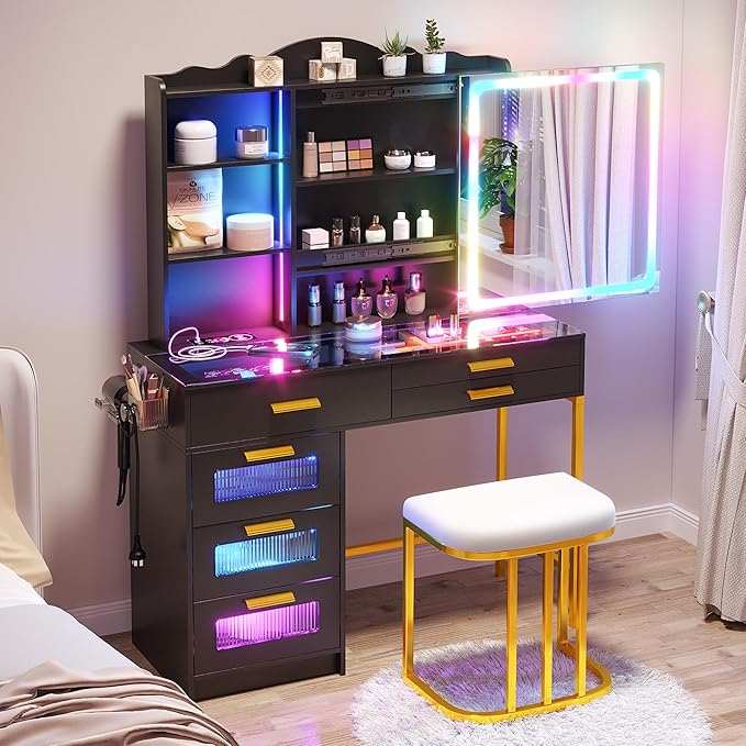 HENBC Vanity Desk with Sliding Mirror and Glass Desktop, LED Vanitys Mirror with RGB Lights Desk and Chair, Dressers Table Set with Charging Station/Makeup Organizer/6 Drawers for Bedroom(Black)
