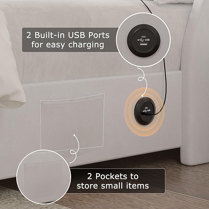 VECELO Full Size Bed Frame with Storage Drawers, Upholstered Platform Bedframe with Wingback Headboard, No Box Spring Needed, White