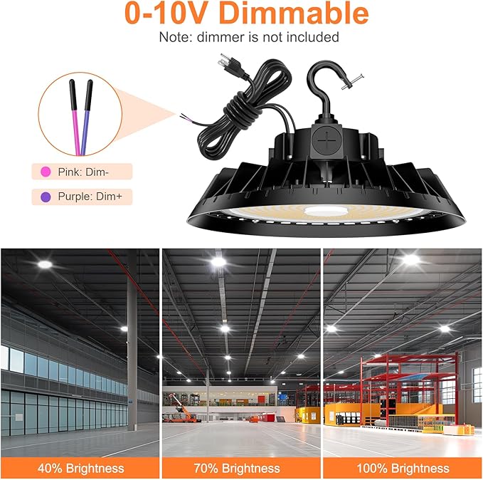 9Pack LED High Bay Lights, 200W UFO High Bay LED Shop Lights, 30000LM Adjustable CCT(5700K 5000K 4500K) & Power(200W 150W 100W), 0-10V Dimmable, 5' Cable Plug, IP65 Waterproof, ETL & DLC Listed