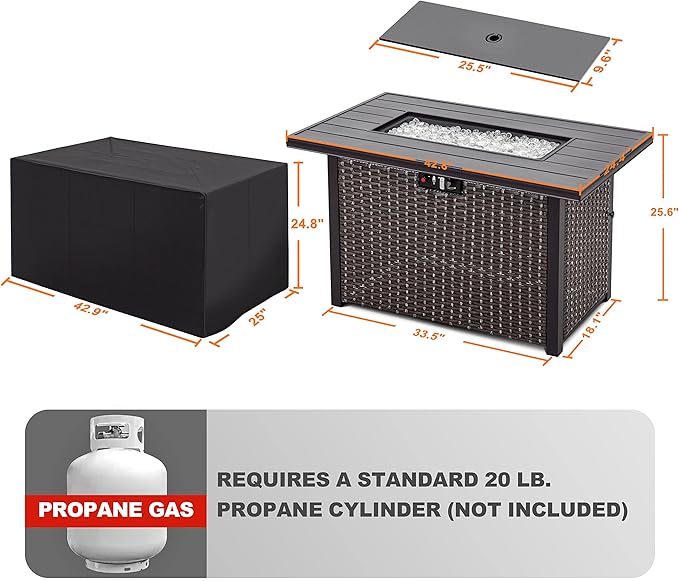 Nuu Garden Outdoor 43 Inch 50,000 BTU Propane Gas Fire Pit Table, Aluminum Tabletop and PE Rattan Weaved Steel Frame, Water-Proof Oxford Cover, Glass Beads, Lid, Dark Brown