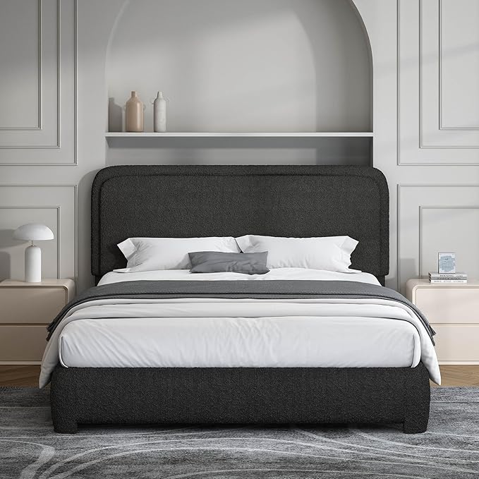 BarnFurin Queen Bed Frame, Boucle Upholstered Platform Bed Frame with Headboard, Modern Style, Soft Rounded Corners, No Box Spring Required, Easy Assembly, Black