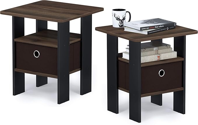 Furinno Andrey Set of 2 End Table / Side Table / Night Stand / Bedside Table with Bin Drawer, Columbia Walnut/Dark Brown