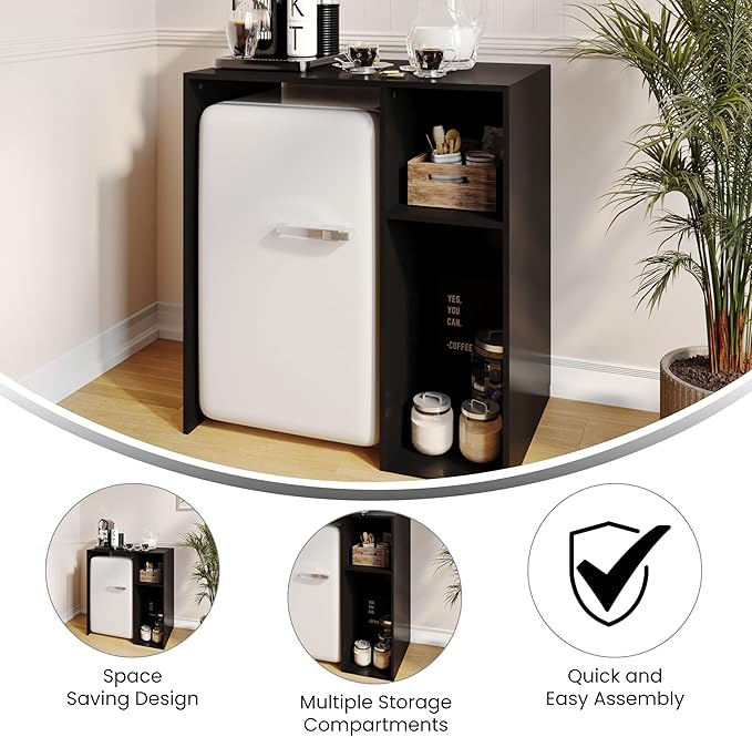 Flash Furniture Lotus Mini Fridge Shelf Organizer, Space Saving Over Shelf for Mini Fridge with Dual Cubby Spaces, Engineered Wood, 33.75" W, Black