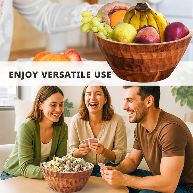 Wooden Salad Bowl set - with Serving Utensils — 11" Large Acacia Wood Bowls For Food, Fruit | Mixing Pasta — Easy To Clean — For Hosting, Kitchen Decor, Gifts — With Placemat