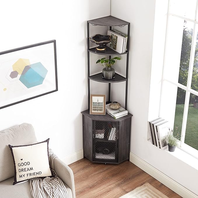 VECELO Corner Cabinet, Tall Storage Shelf, Bookshelf Display Shelves Rack for Living Room, Kitchen, Balcony, Small Space