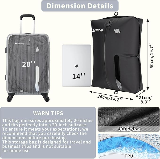 YEEKORO Upgraded Vacuum Bag for Travel, Professional IPX8 Waterproof Reusable Vacuum Compression Bags for Travel Suitcases, Durable Space Saver Bag