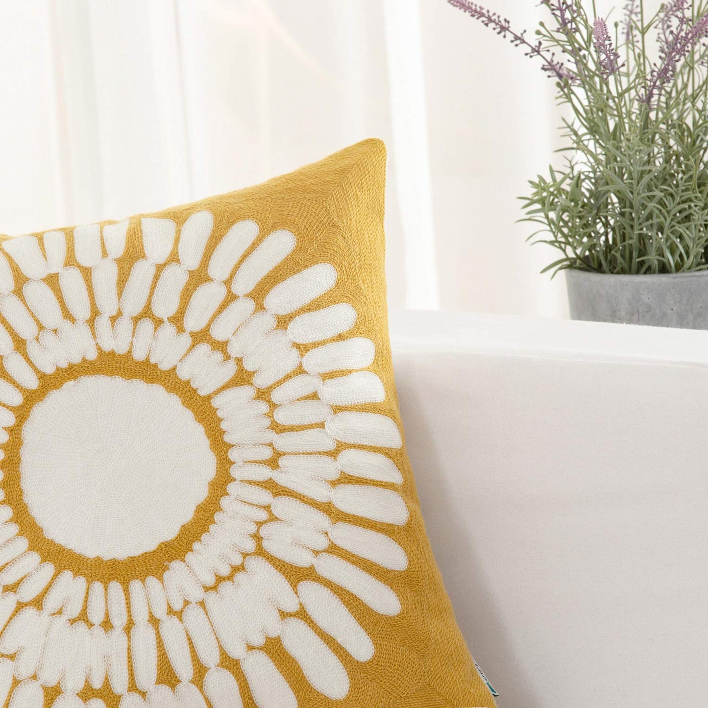HWY 50 Mustard Yellow Decorative Throw Pillow Covers 18x18 Inch (1 Piece), Embroidered Cotton Modern Farmhouse Cushion Cover Pillow Case for Sofa Couch Living Room Bed, Sunflower