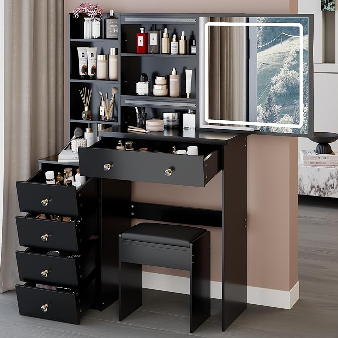 37" Vanity Desk with Mirror and Lights, Makeup Table with Led Lights and Sliding Mirror, 3 Lighting Colors, Vanity Set with Drawers and Stool for Bedroom, Black