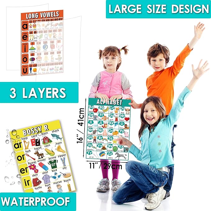 16 English Phonics Posters Language Arts Charts for Kids Toddler Learning Vowels Posters, Phonics Poster for Classroom, Digraphs and Blends Poster, Sound Wall Phonics Chart, Boho Classroom