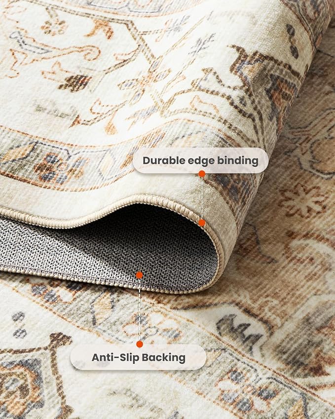 AMADA HOMEFURNISHING 6x9 Area Rugs, Beige Washable Rug Low-Profile with Non-Slip Backing & Durable Edge Binding, Vintage Rugs for Living Room, Bedroom, Dinning Room