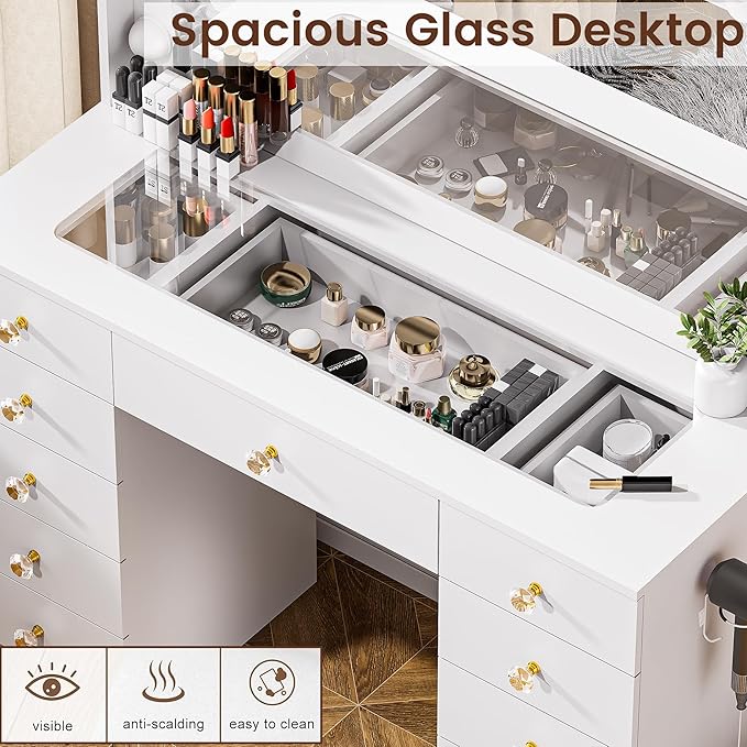43.3" Vanity with Large Mirror and 10 LED Lights, Vanity Desk with Glasstop, 11 Drawers with Crystal Handles, Dressing Table with Power Outlet as Gift for Women, Girls (White)
