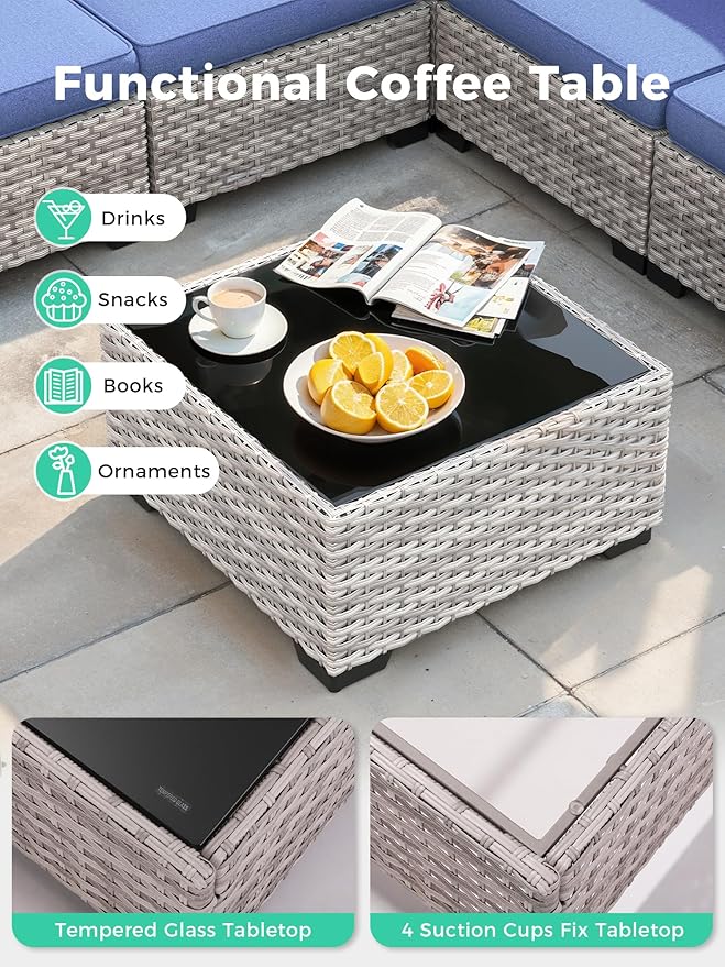 10 Piece Outdoor Wicker Rattan Sectional Sofa Set with Swivel Chairs & Fire Pit Table, 7-Seats with 4" Thickened Cushions & Coffee Table, All-Weather PE Rattan for Garden, Backyard, Porch, Blue