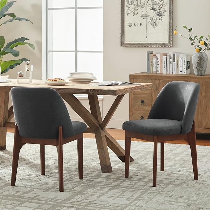 VKNOW Modern Dining Chairs Set of 2, Faux Leather Kitchen Chairs with Wood Legs, Upholstered Side Chair for Kitchen Dining Room, Black