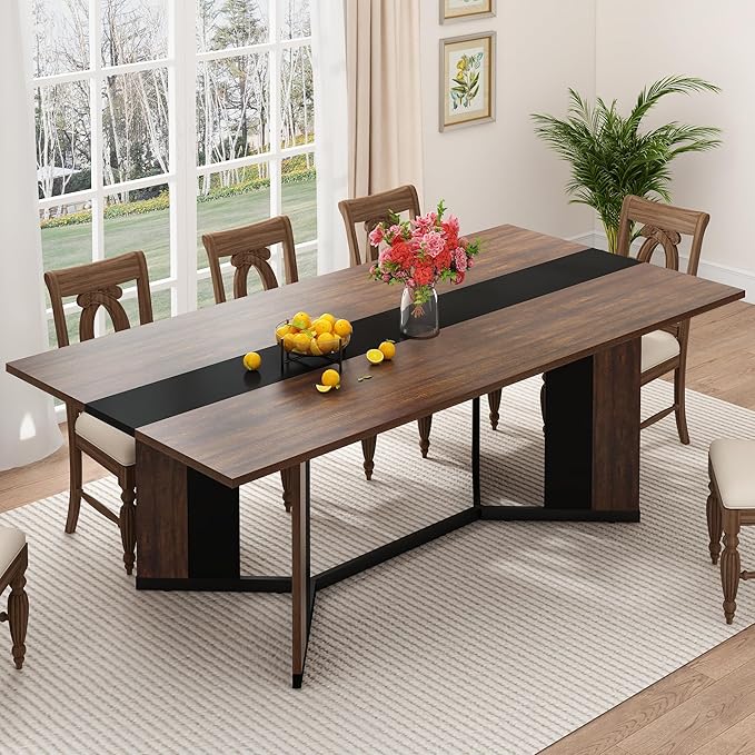 71 inch Dining Table for 4 5 6 | Modern Brown and Black Rectangular Kitchen Table W/Waterproof Wood Tabletop,Farmhouse Long Dining Room Tables W/Adjustable Legs&Wood Strip Base for Kitchen Living Room