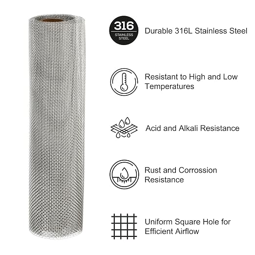 PATIKIL 40" L x 10" W Woven Wire Mesh, 16 Mesh 316L Stainless Steel Air Vent