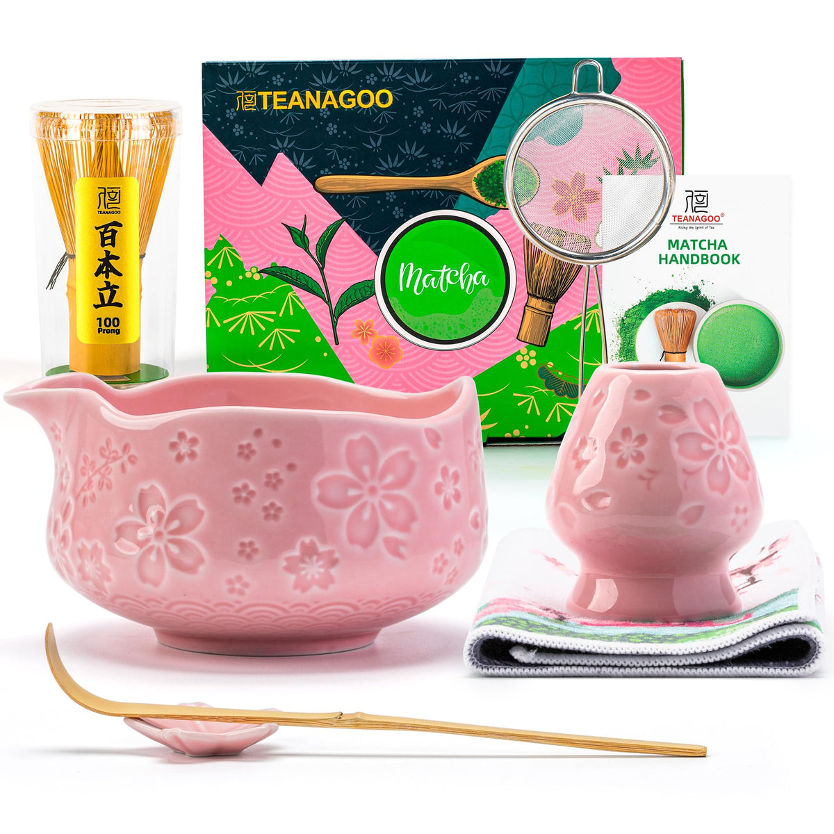 TEANAGOO Matcha Whisk Set Pink,Ceremony Matcha Set Kit Grident Pink,Matcha Tea Set for Making Breakfast/Latte,7 Pcs Matcha Whisk Set and Bowl with All Accessories,Gift for Family/Friend