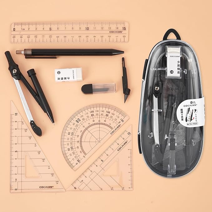 LABANCA 8 Pcs Compass Set with Protractor Rulers Pencil for Math Geometry (08373 Black)