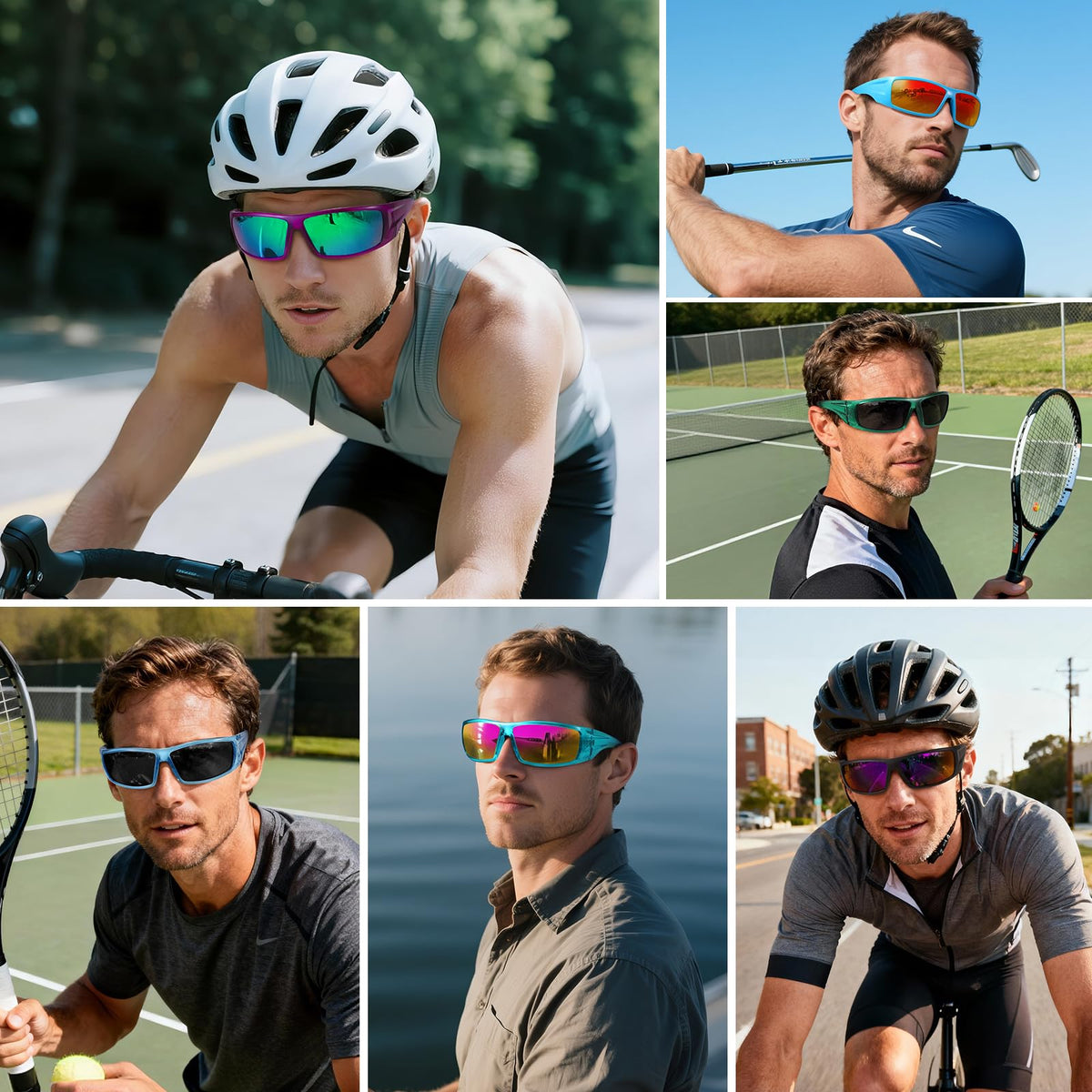 Ofwin Polarized Sports Sunglasses for Men Women Unbreakable Frame Cycling Fishing Wrap Around Sunglasses UV400 Protection 1-Clear Purple/Green Mirror Lens