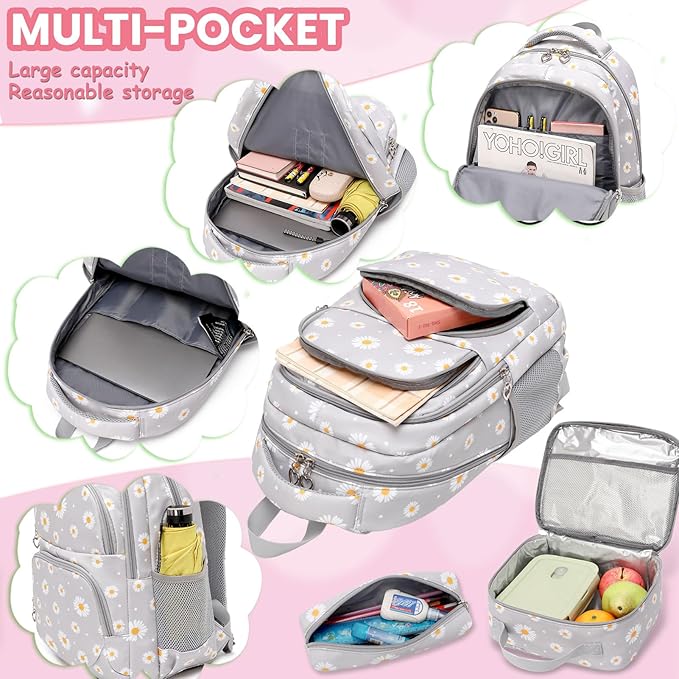YJMKOI 3Pcs Daisy Prints Backpack for Girls Middle-School Elementary Students Bookbag Set with Lunch Box (Grey)