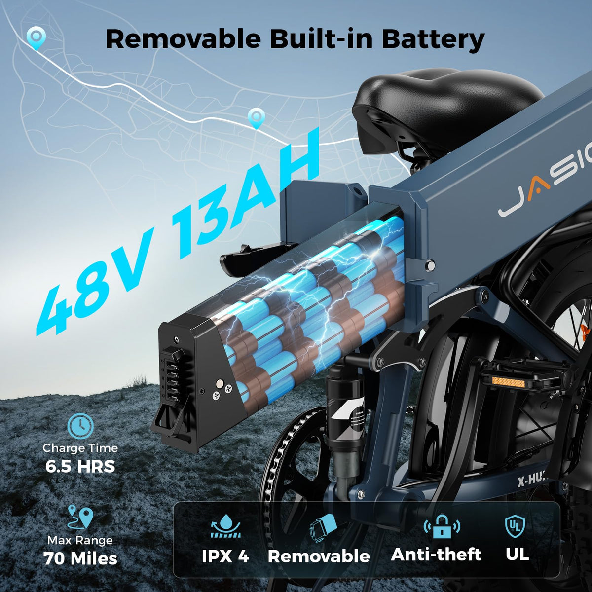 Jasion X-Hunter Electric Bike for Adults 1400W Peak Motor,30MPH Max Speed,48V 13AH Removable Battery,Full Suspension System Design,20 * 4.0 Fat Tire Foldable Ebike,7-Speed Electric Bicycle
