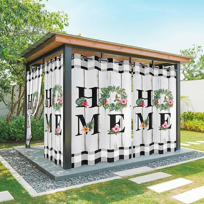 Summer Outdoor Curtains for Patio Leaves Garland Plumeria Wood Buffalo Plaid