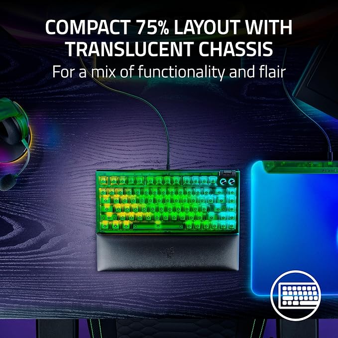 Razer BlackWidow V4 75% Mechanical Gaming Keyboard: Hot-Swappable Design - Compact & Durable - Orange Tactile Switches - Chroma RGB - MF Roller & Media Keys - Comfortable Wrist Rest - Phantom Green